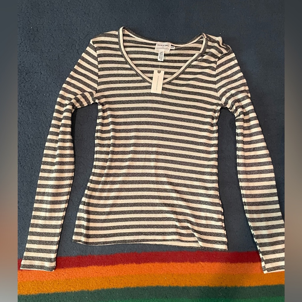 Anthropologie Michael Stars White and Blue Fitted Long Sleeve top